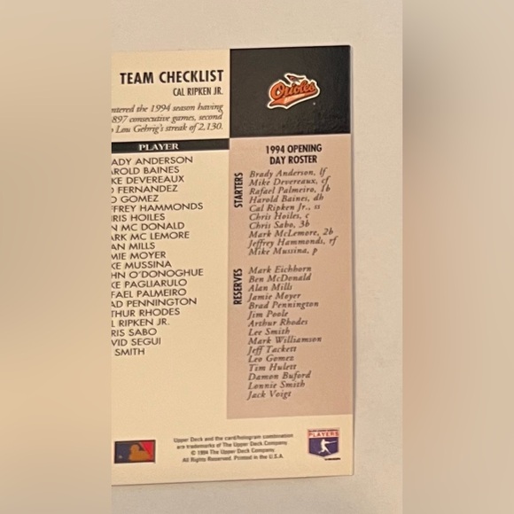 Collector’s Choice 1994 Upper Deck Company . Team Ckecklist Cal Ripken JR # 343 - Picture 8 of 8